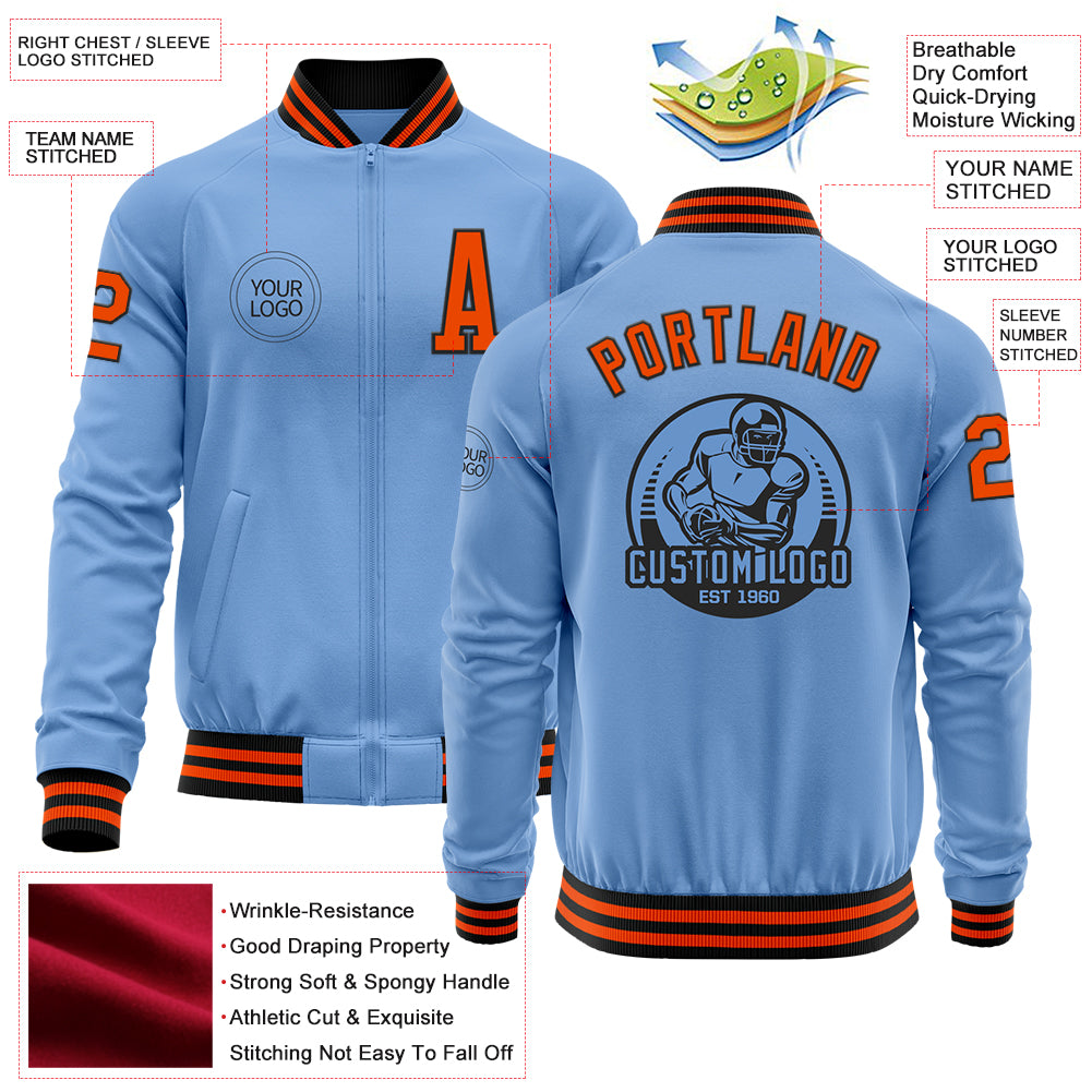 Custom Light Blue Orange-Black Bomber Varsity Letterman Zipper Jacket