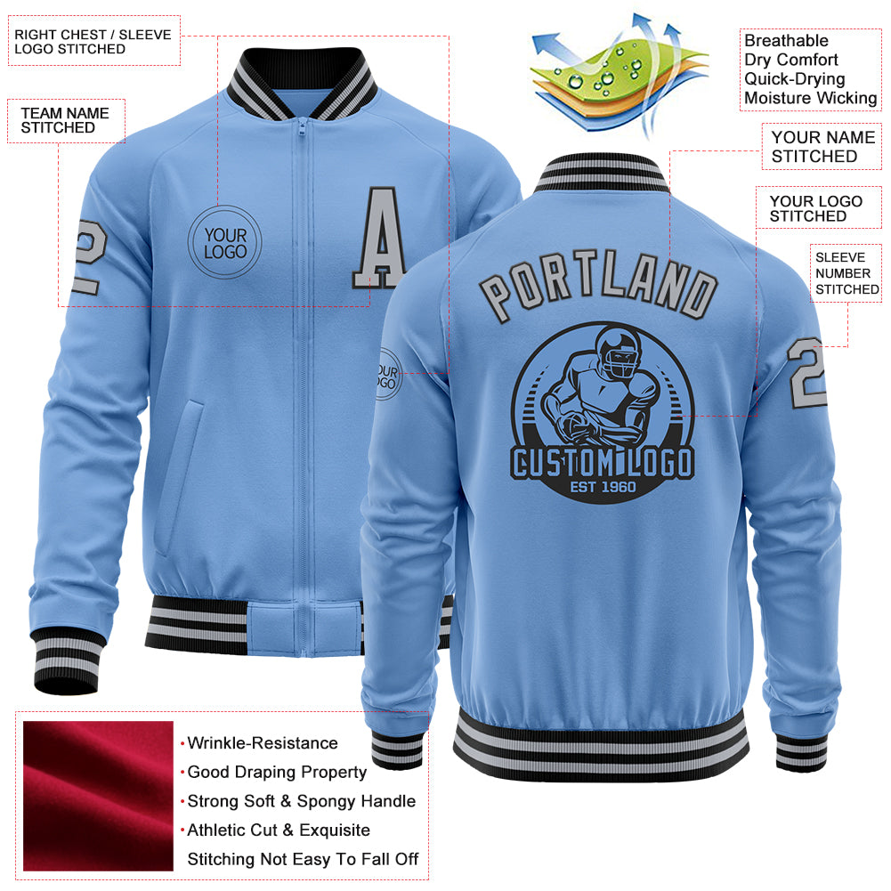 Custom Light Blue Gray-Black Bomber Varsity Letterman Zipper Jacket