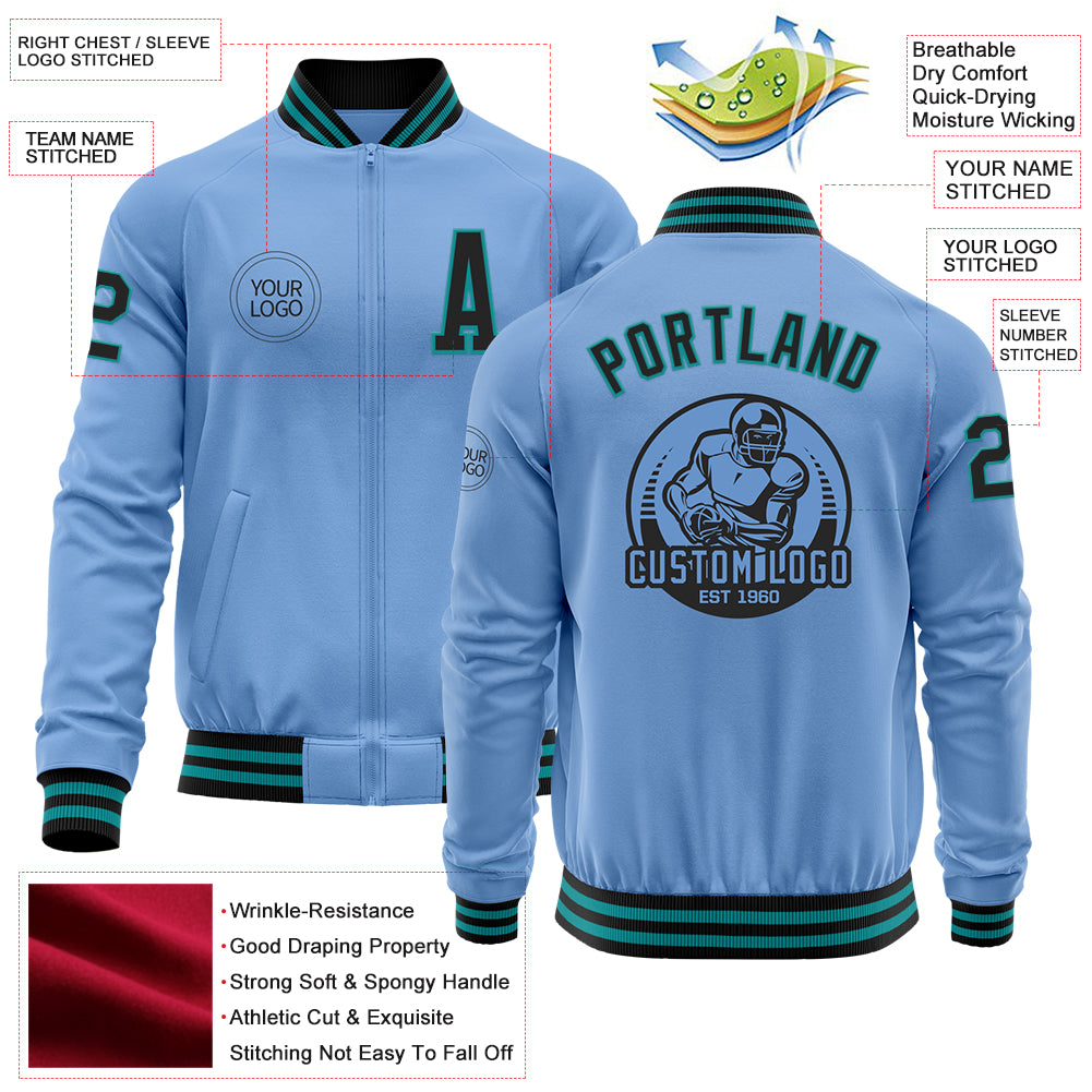 Custom Light Blue Black-Teal Bomber Varsity Letterman Zipper Jacket