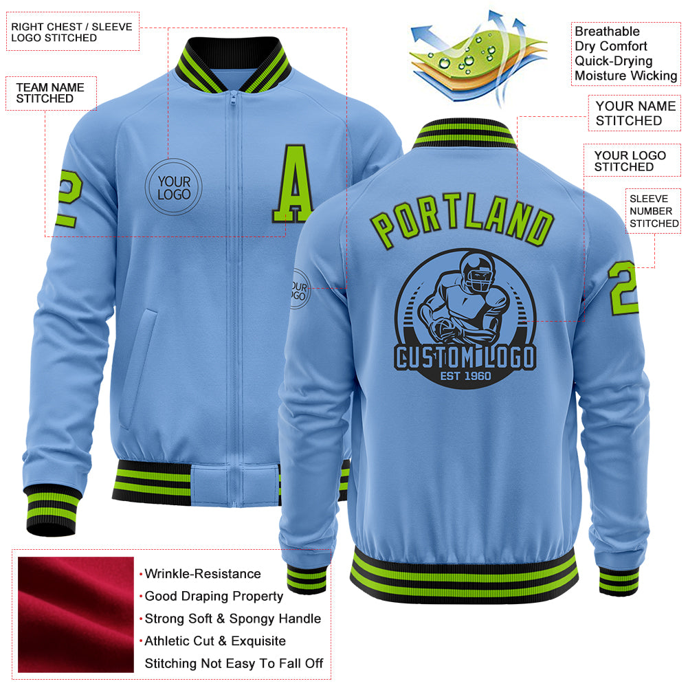 Custom Light Blue Neon Green-Black Bomber Varsity Letterman Zipper Jacket