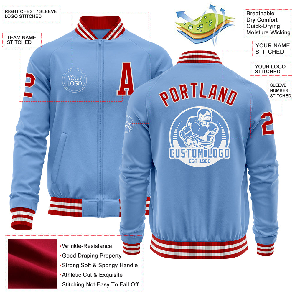 Custom Light Blue Red-White Bomber Varsity Letterman Zipper Jacket