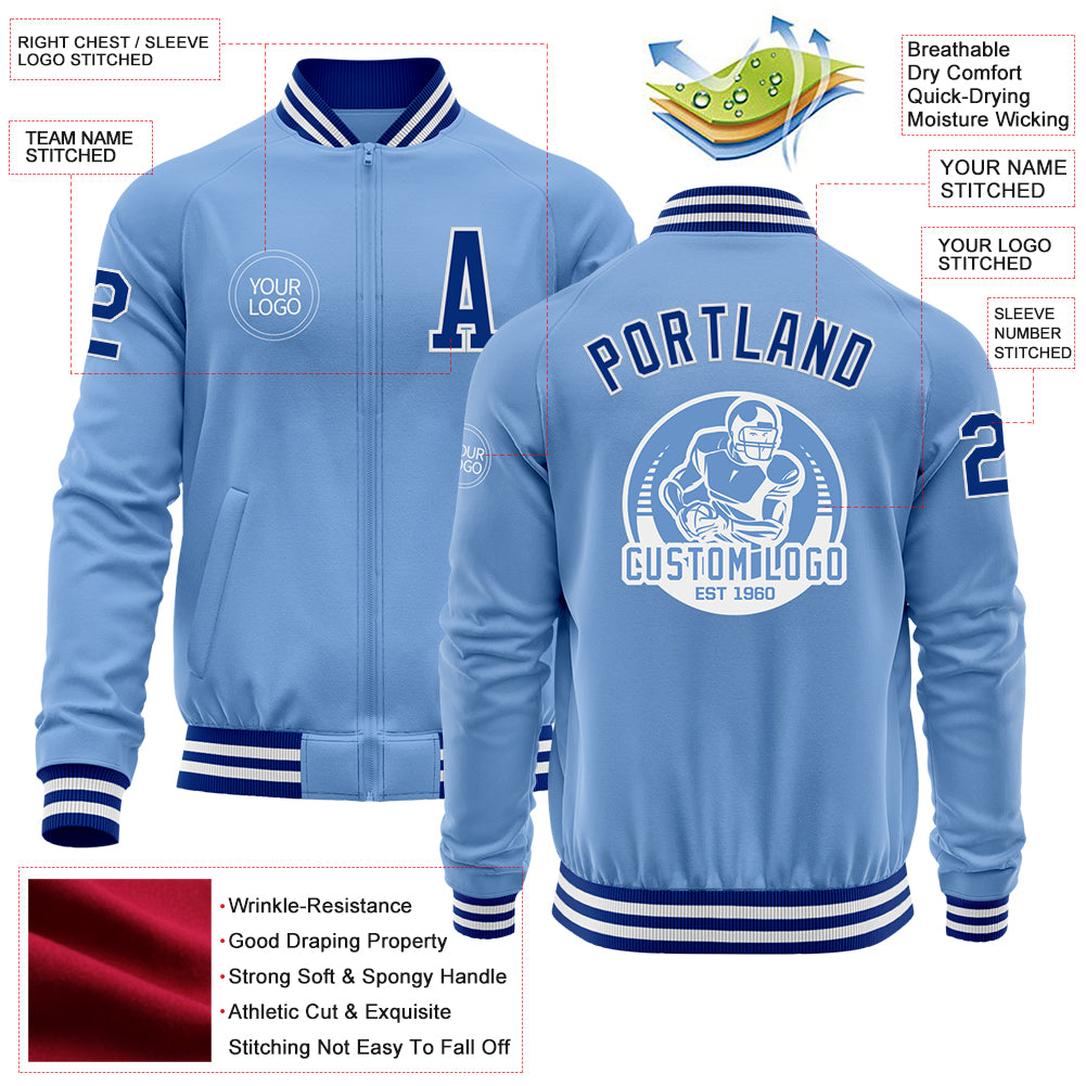 Custom Light Blue Royal-White Bomber Varsity Letterman Zipper Jacket