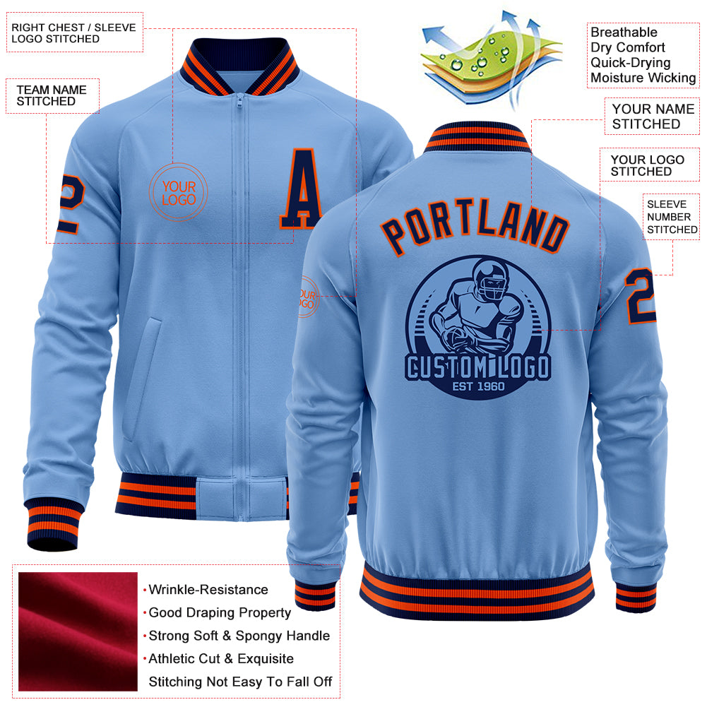 Custom Light Blue Navy-Orange Bomber Varsity Letterman Zipper Jacket