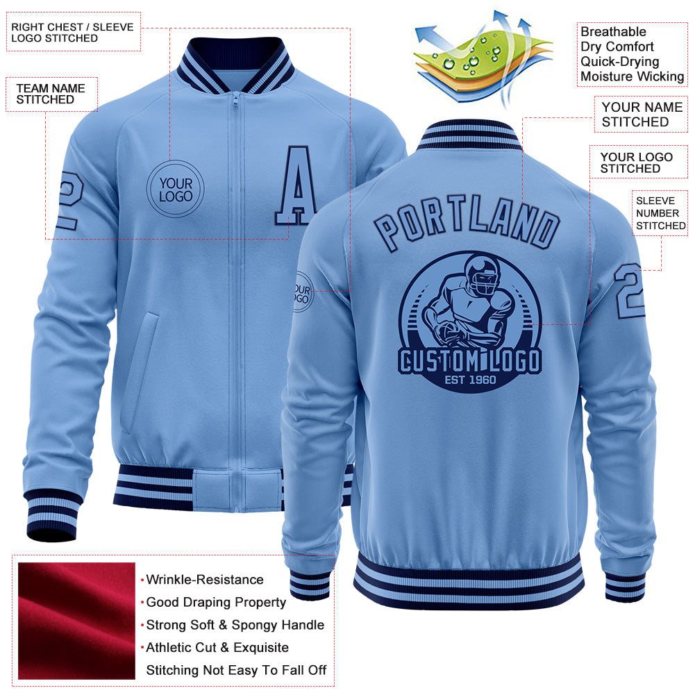 Custom Light Blue Navy Bomber Varsity Letterman Zipper Jacket