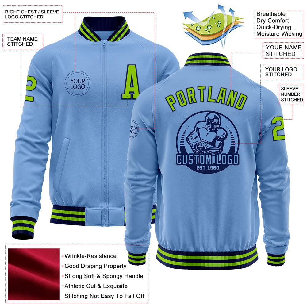 Custom Light Blue Neon Green-Navy Bomber Varsity Letterman Zipper Jacket