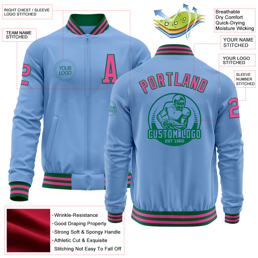 Custom Light Blue Pink-Kelly Green Bomber Varsity Letterman Zipper Jacket