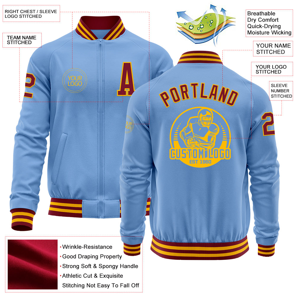 Custom Light Blue Crimson-Gold Bomber Varsity Letterman Zipper Jacket