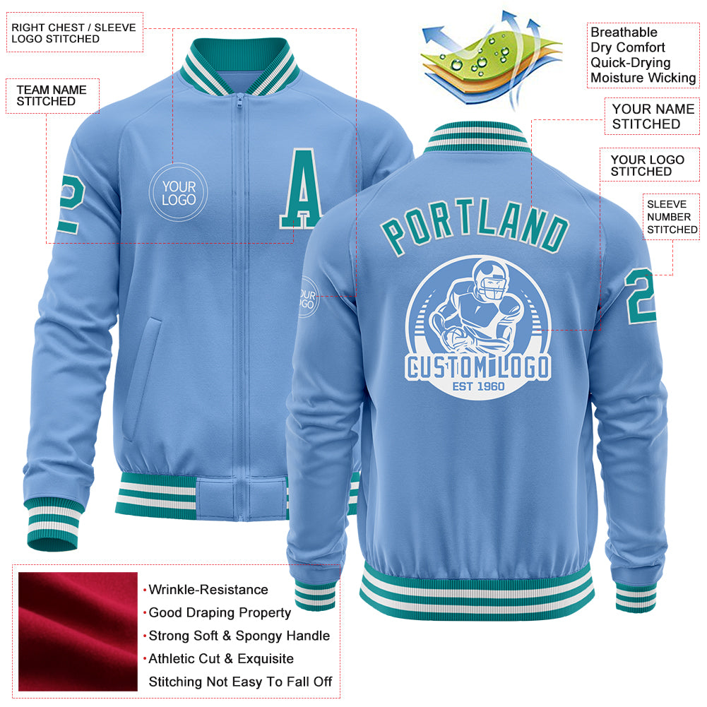 Custom Light Blue Teal-White Bomber Varsity Letterman Zipper Jacket