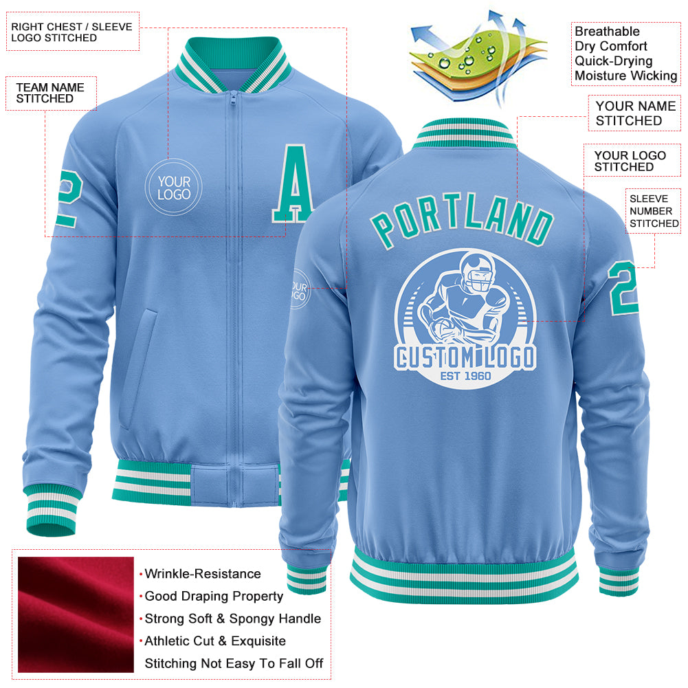 Custom Light Blue Aqua-White Bomber Varsity Letterman Zipper Jacket