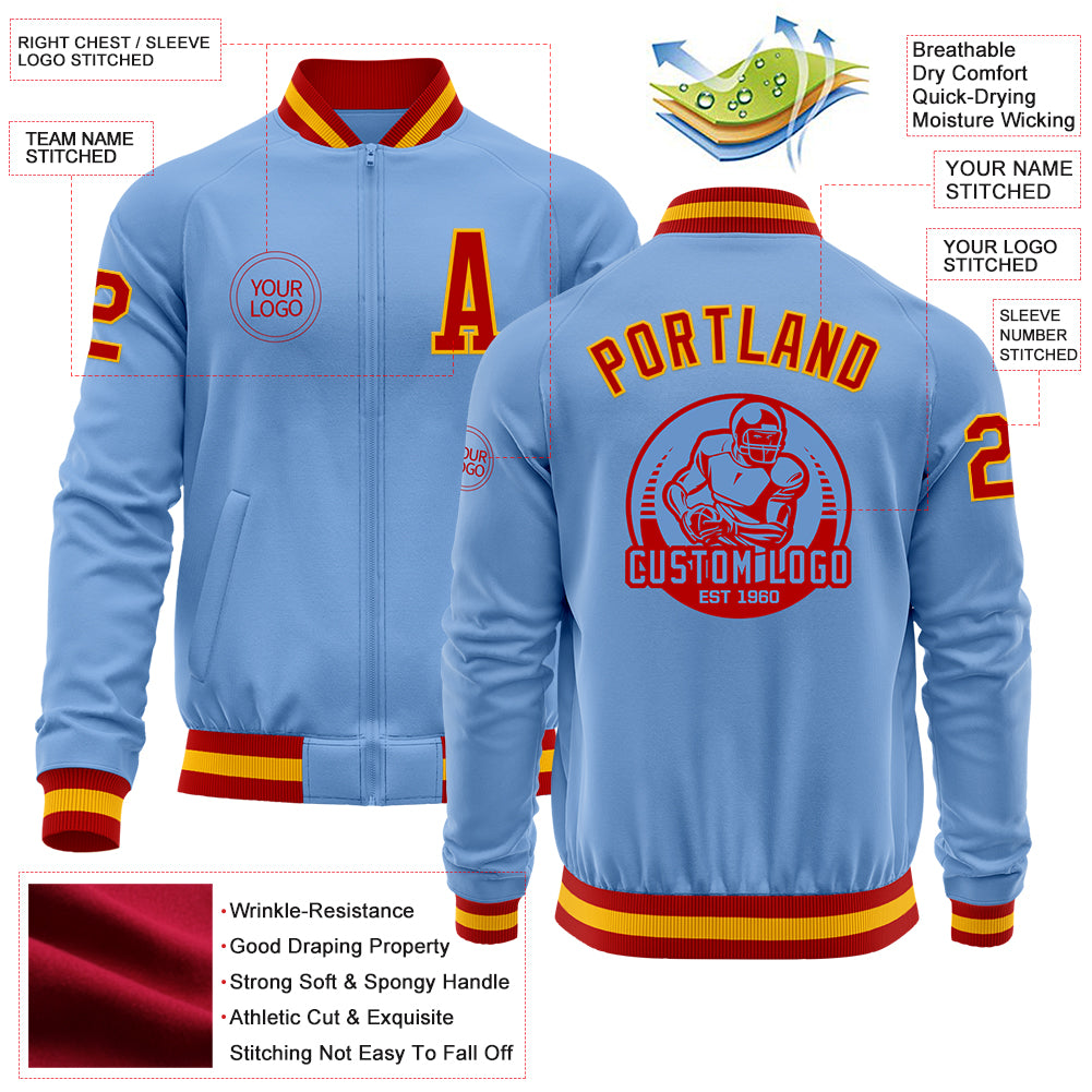 Custom Light Blue Red-Gold Bomber Varsity Letterman Zipper Jacket