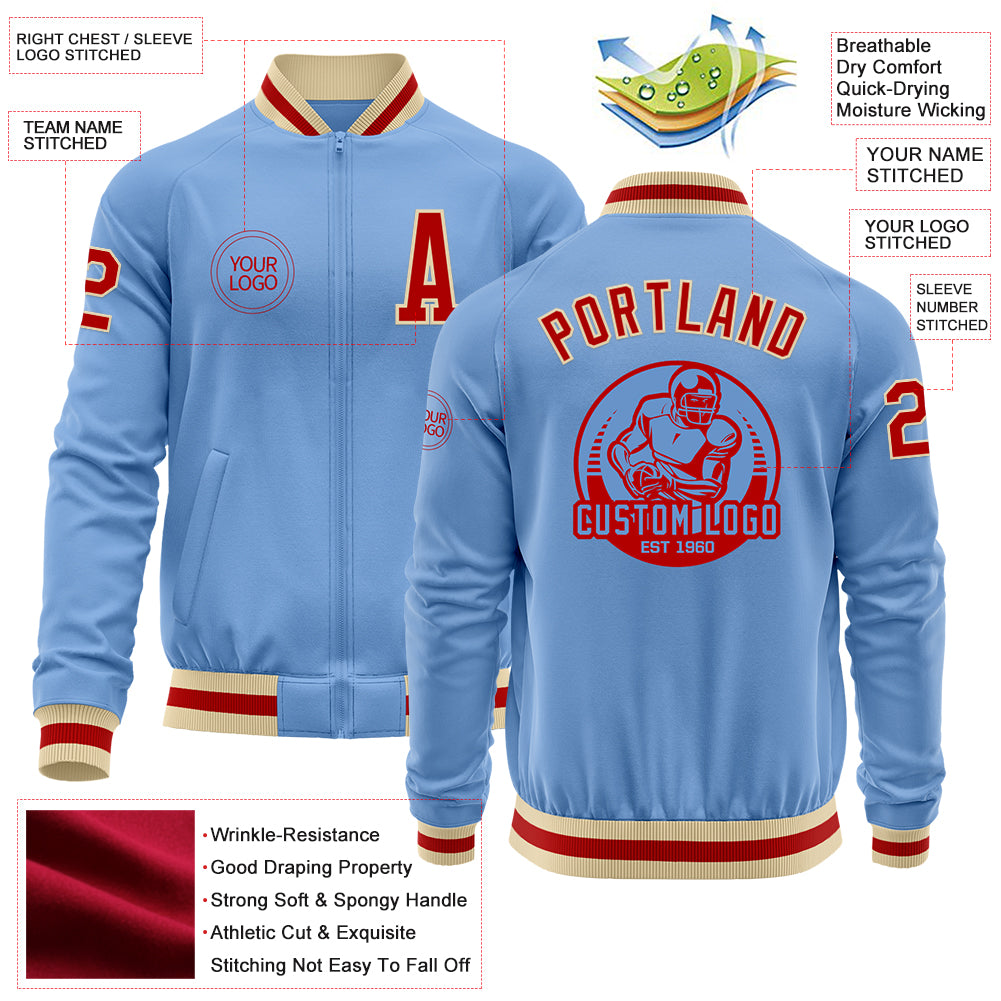 Custom Light Blue Red-Cream Bomber Varsity Letterman Zipper Jacket