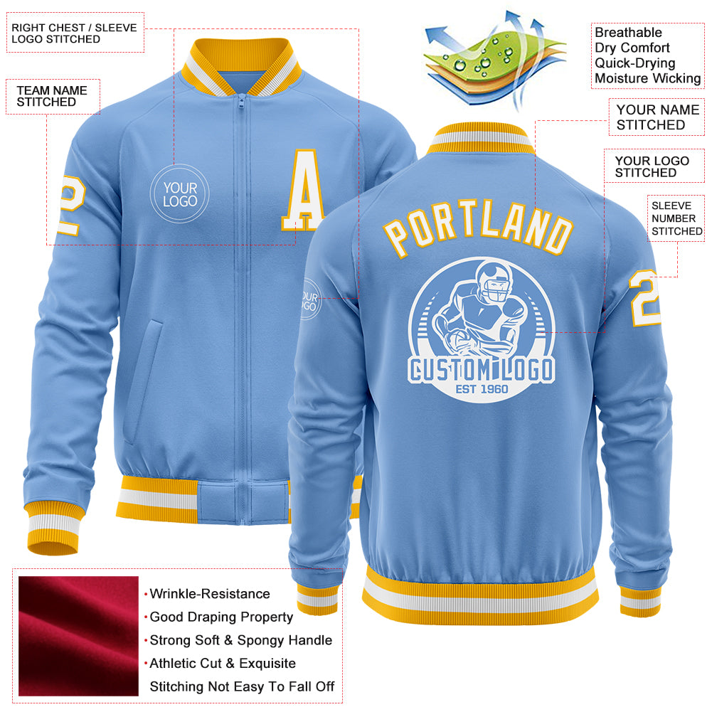 Custom Light Blue White-Gold Bomber Varsity Letterman Zipper Jacket