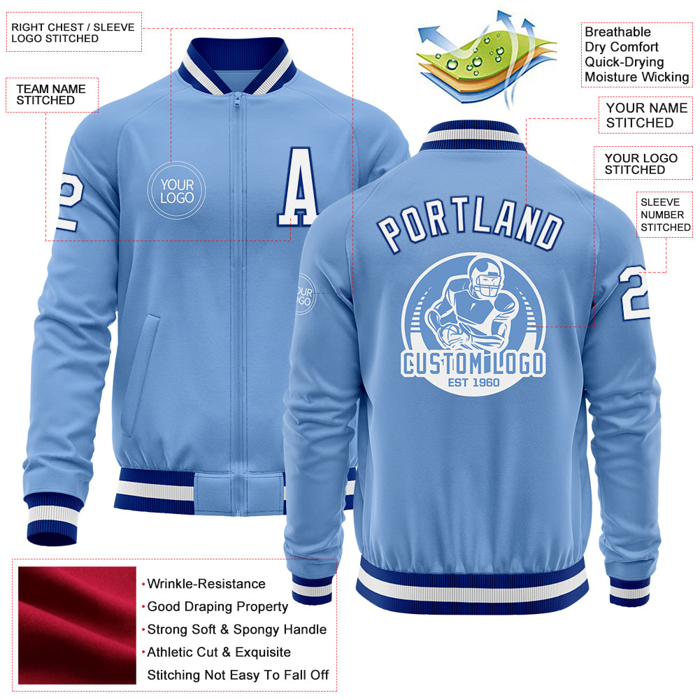 Custom Light Blue White-Royal Bomber Varsity Letterman Zipper Jacket