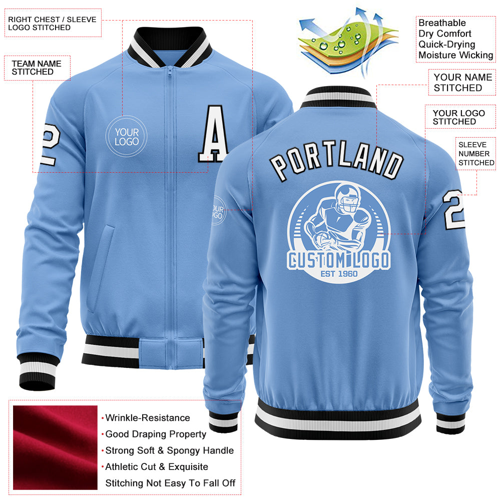 Custom Light Blue White-Black Bomber Varsity Letterman Zipper Jacket