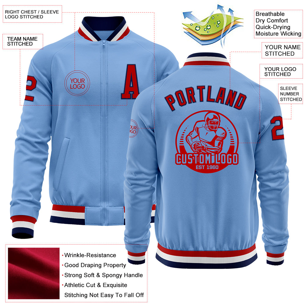 Custom Light Blue Red-Navy Bomber Varsity Letterman Zipper Jacket