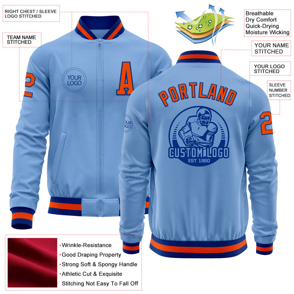 Custom Light Blue Orange-Royal Bomber Varsity Letterman Zipper Jacket