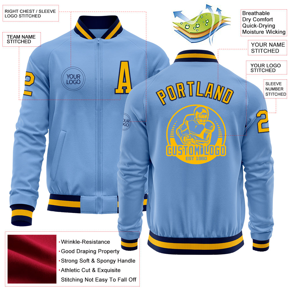 Custom Light Blue Gold-Navy Bomber Varsity Letterman Zipper Jacket