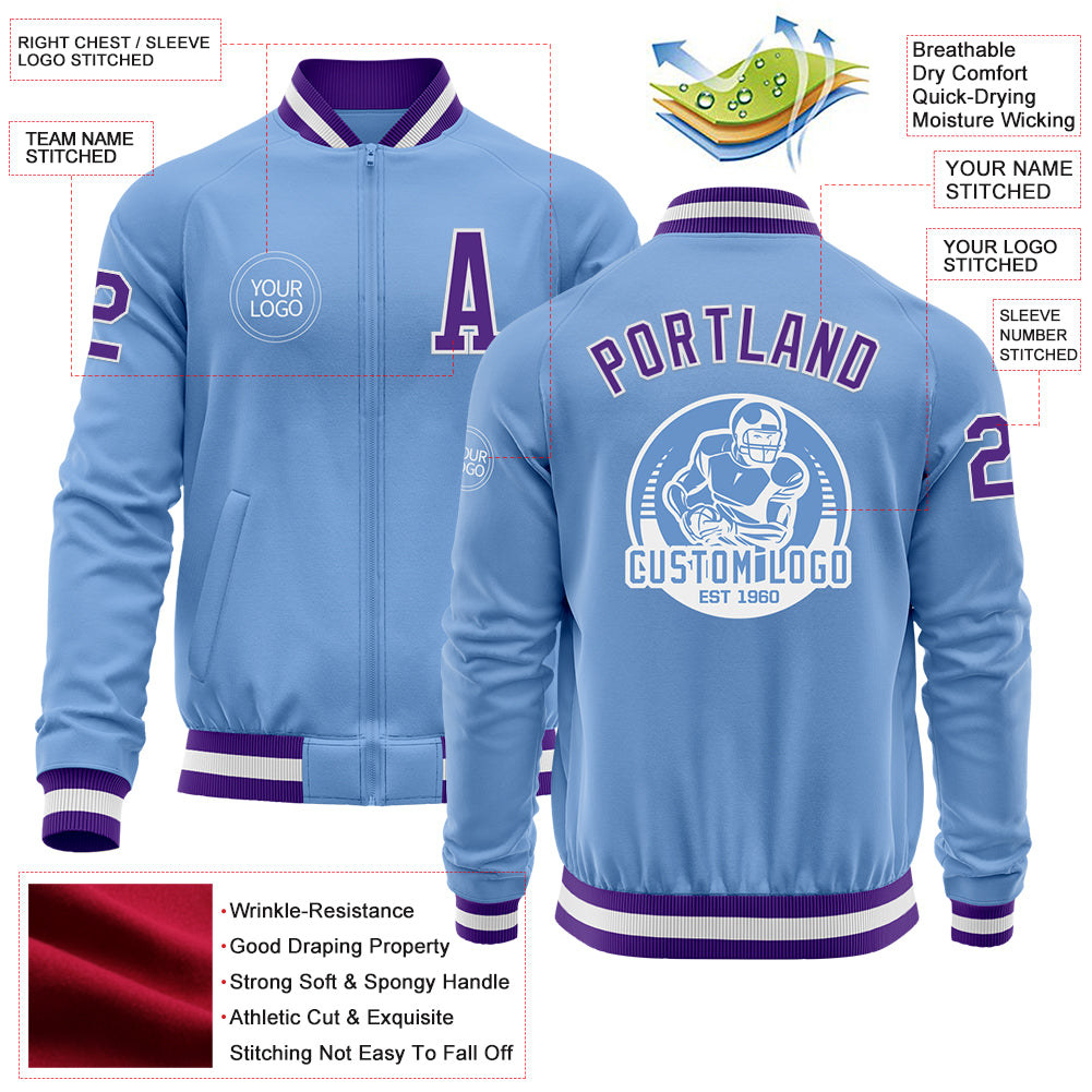 Custom Light Blue Purple-White Bomber Varsity Letterman Zipper Jacket