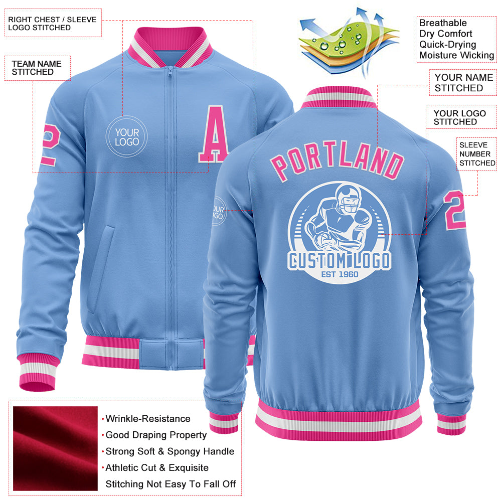 Custom Light Blue Pink-White Bomber Varsity Letterman Zipper Jacket