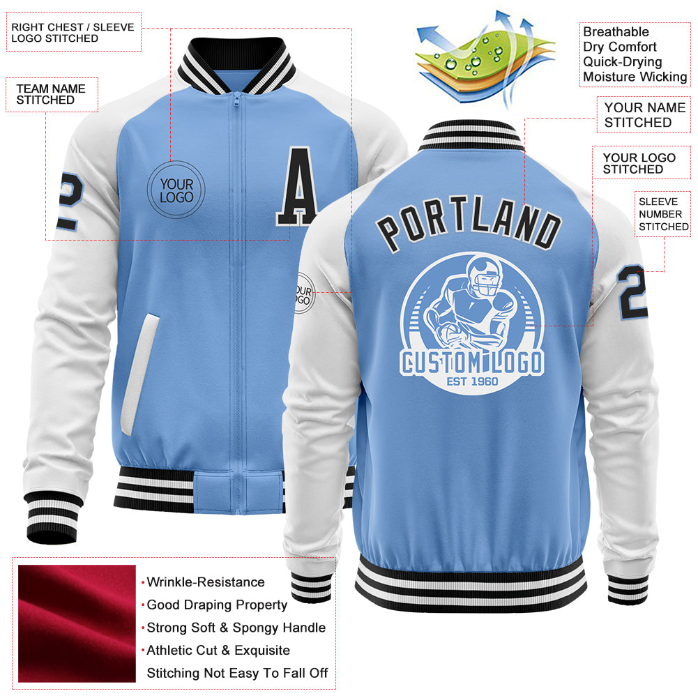 Custom Light Blue Black-White Bomber Varsity Letterman Two Tone Zipper Jacket