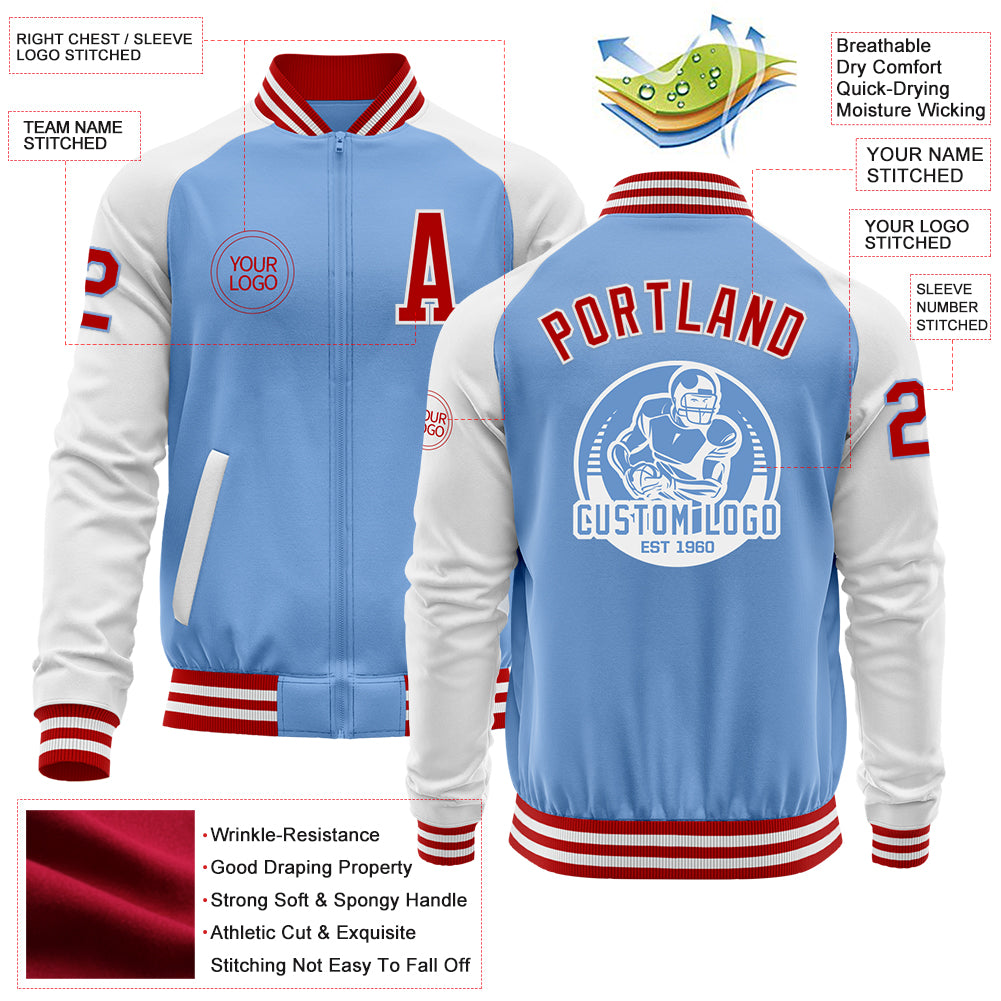 Custom Light Blue Red-White Bomber Varsity Letterman Two Tone Zipper Jacket