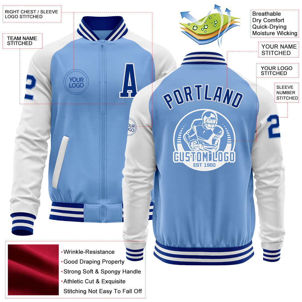 Custom Light Blue Royal-White Bomber Varsity Letterman Two Tone Zipper Jacket