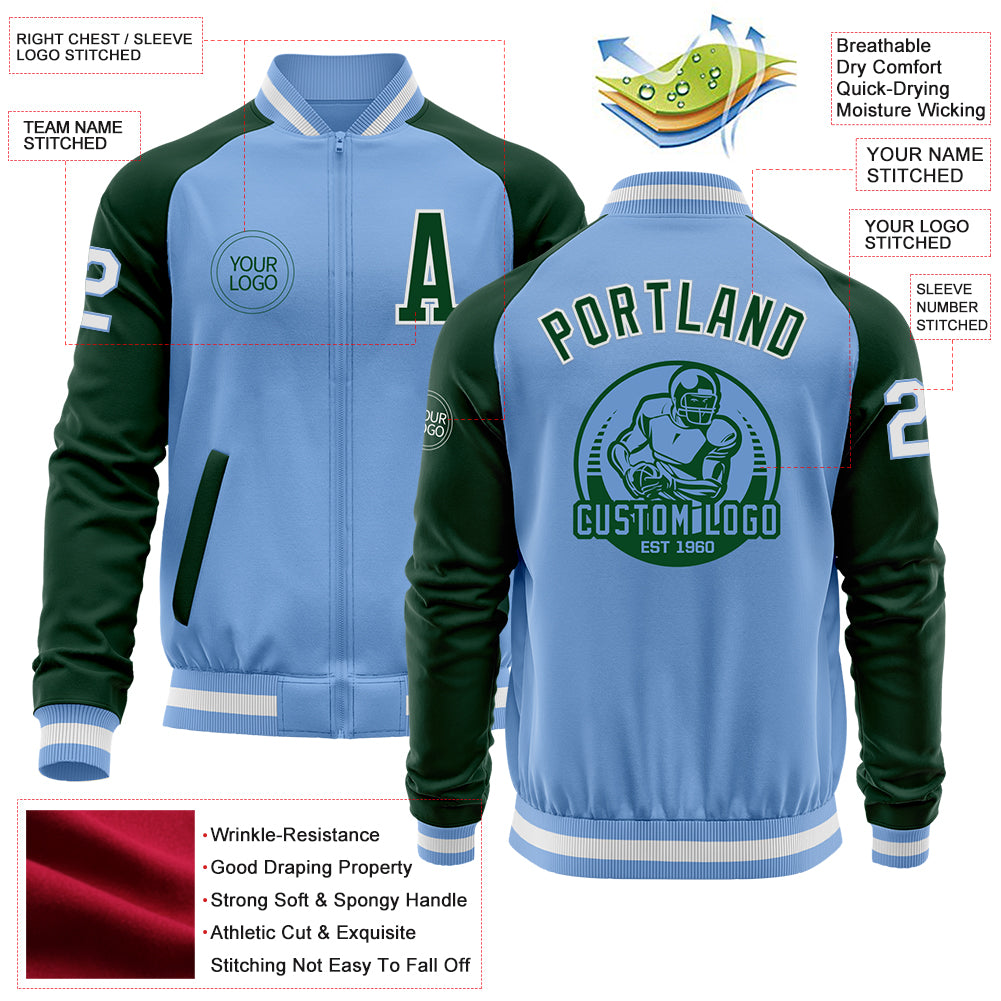 Custom Light Blue White-Green Bomber Varsity Letterman Two Tone Zipper Jacket