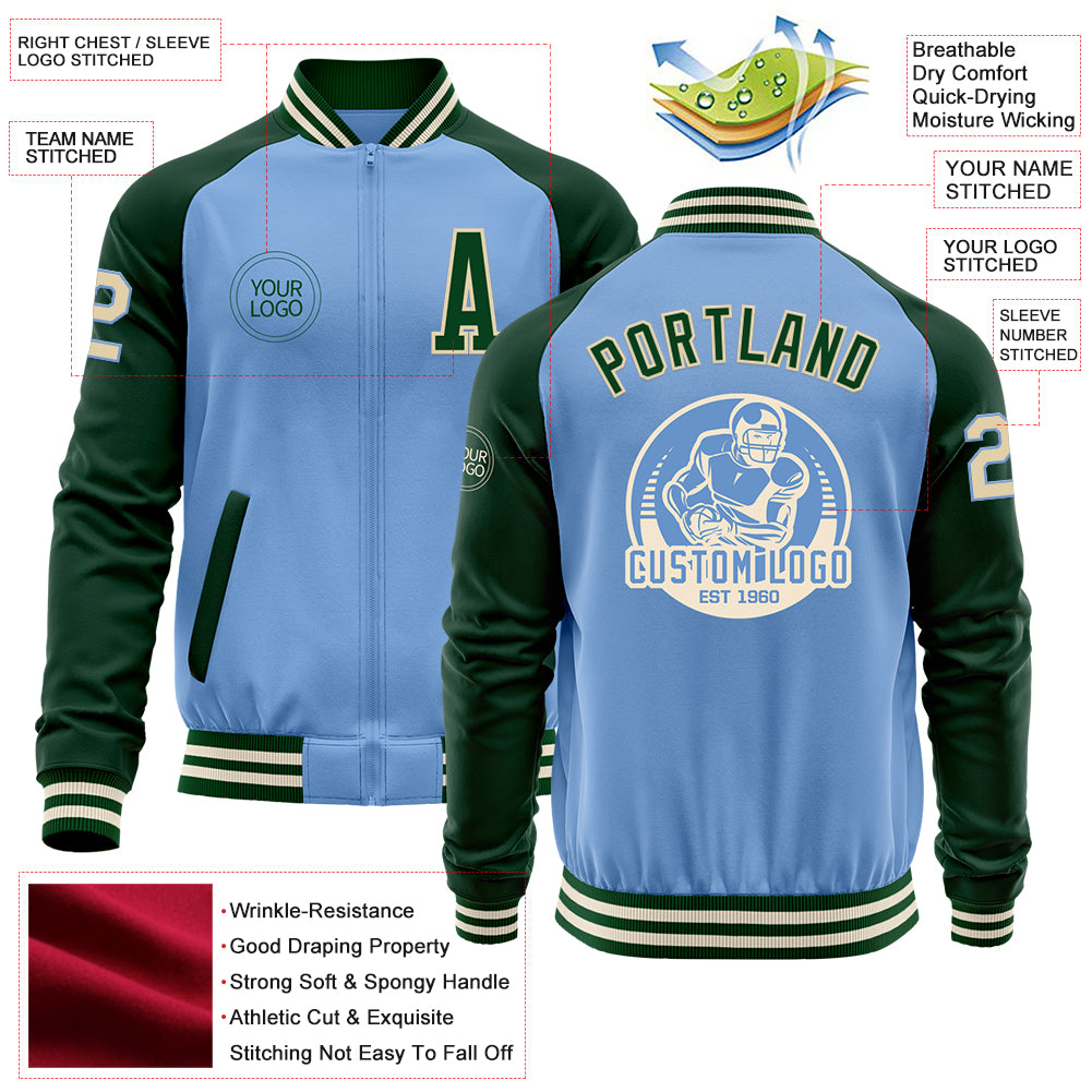 Custom Light Blue Cream-Green Bomber Varsity Letterman Two Tone Zipper Jacket