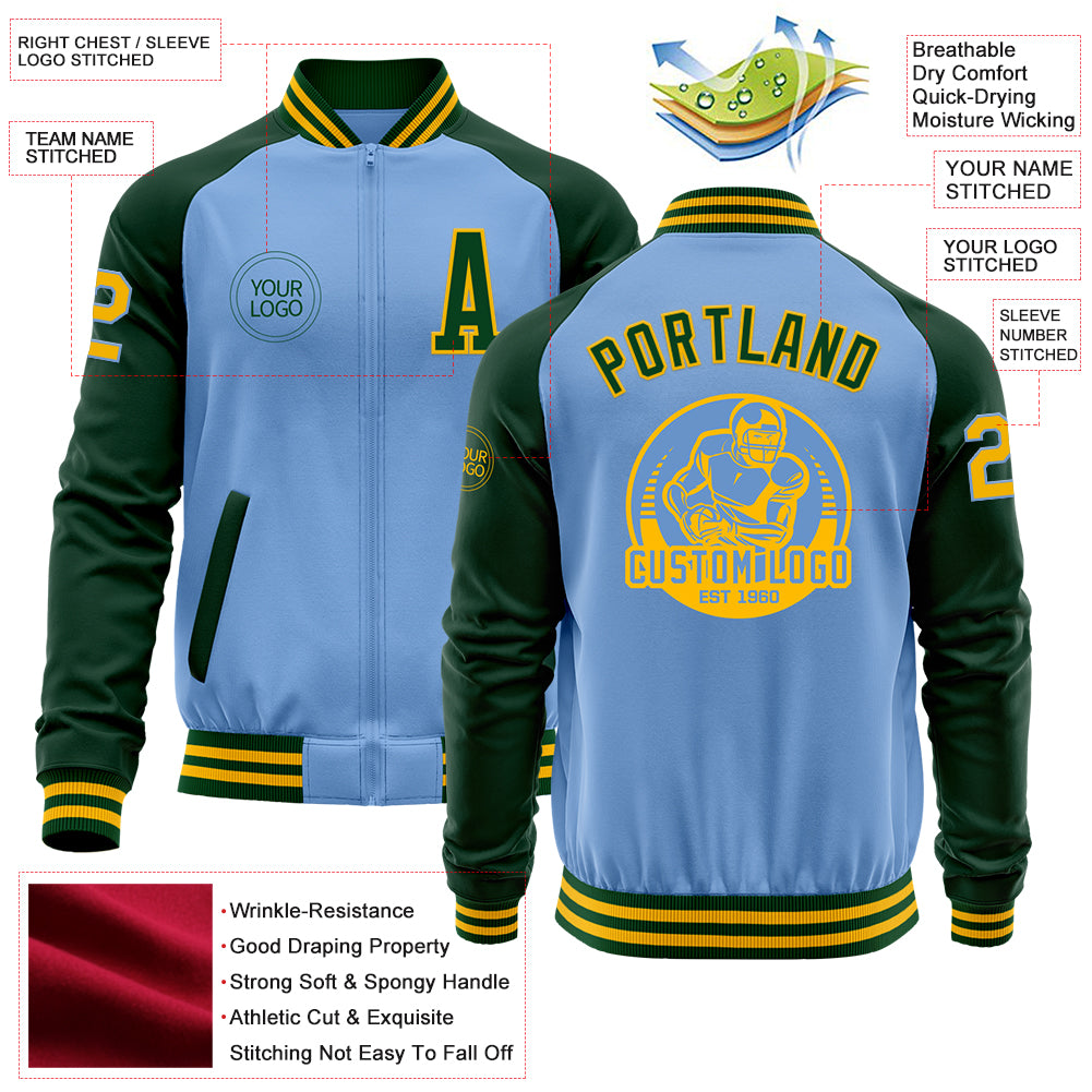 Custom Light Blue Gold-Green Bomber Varsity Letterman Two Tone Zipper Jacket