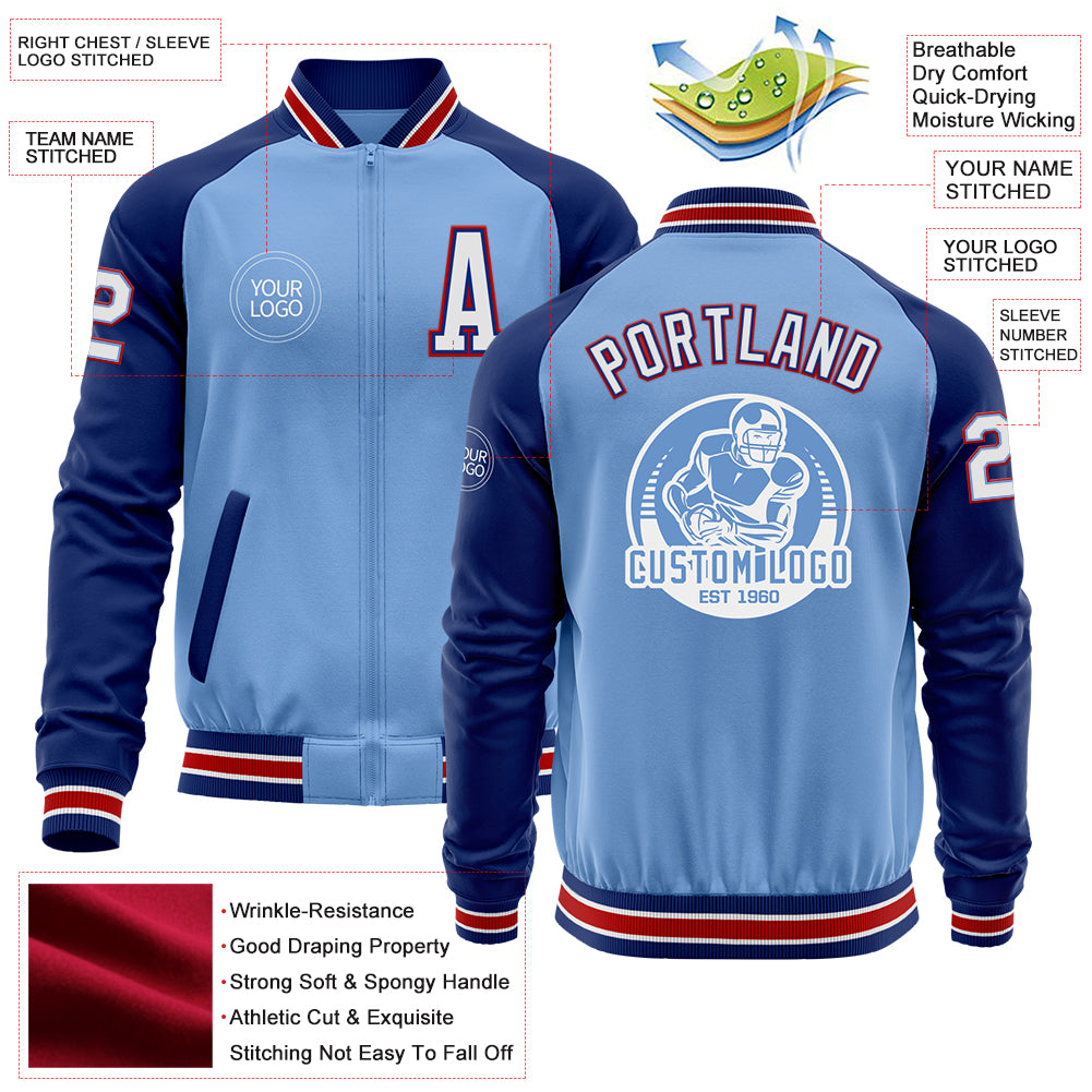 Custom Light Blue Red-Royal Bomber Varsity Letterman Two Tone Zipper Jacket