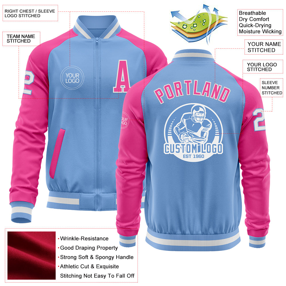 Custom Light Blue White-Pink Bomber Varsity Letterman Two Tone Zipper Jacket