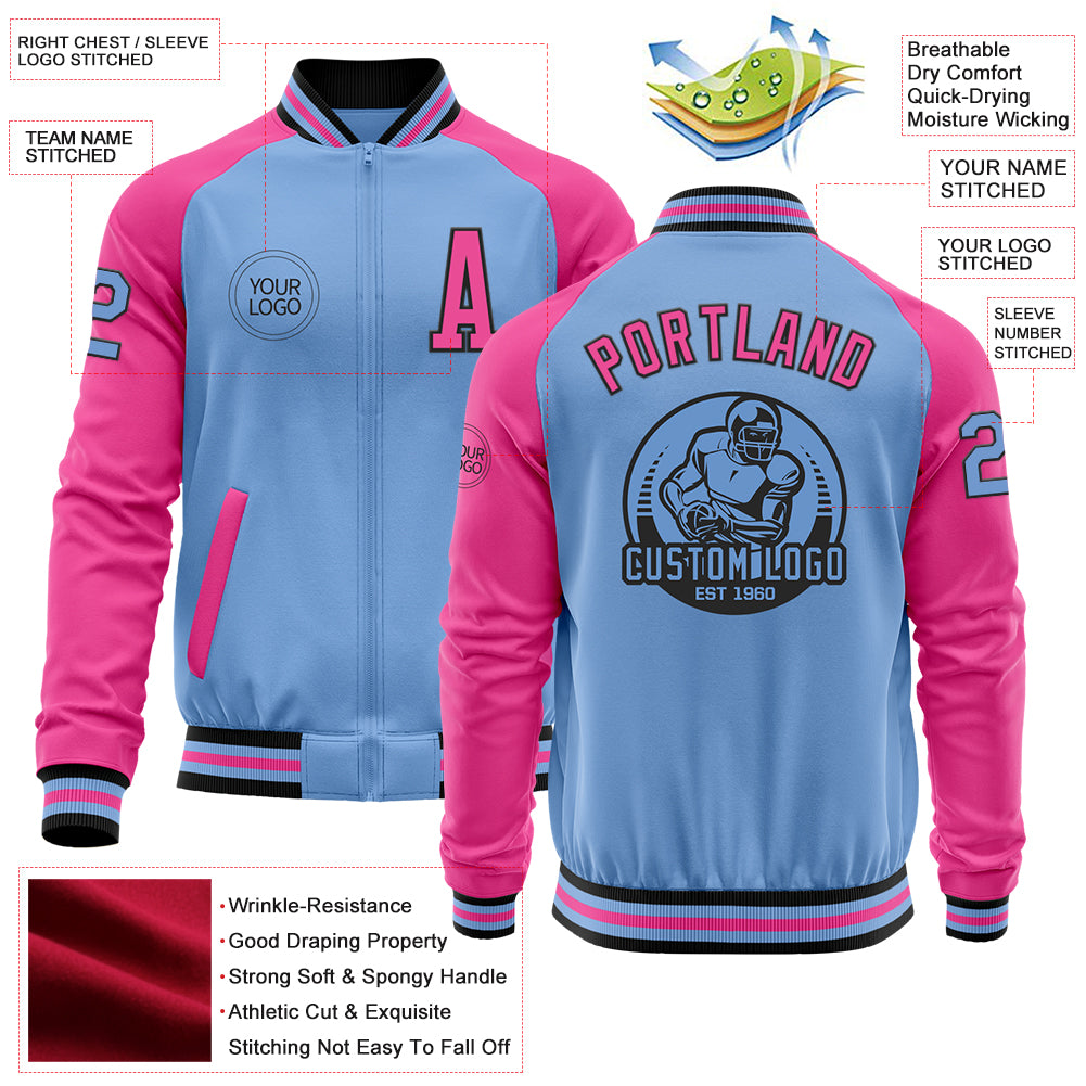 Custom Light Blue Black-Pink Bomber Varsity Letterman Two Tone Zipper Jacket