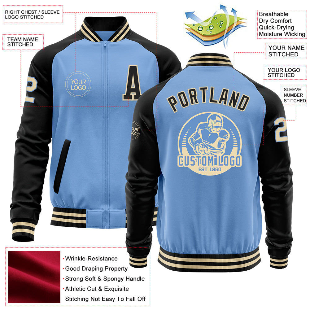 Custom Light Blue Cream-Black Bomber Varsity Letterman Two Tone Zipper Jacket