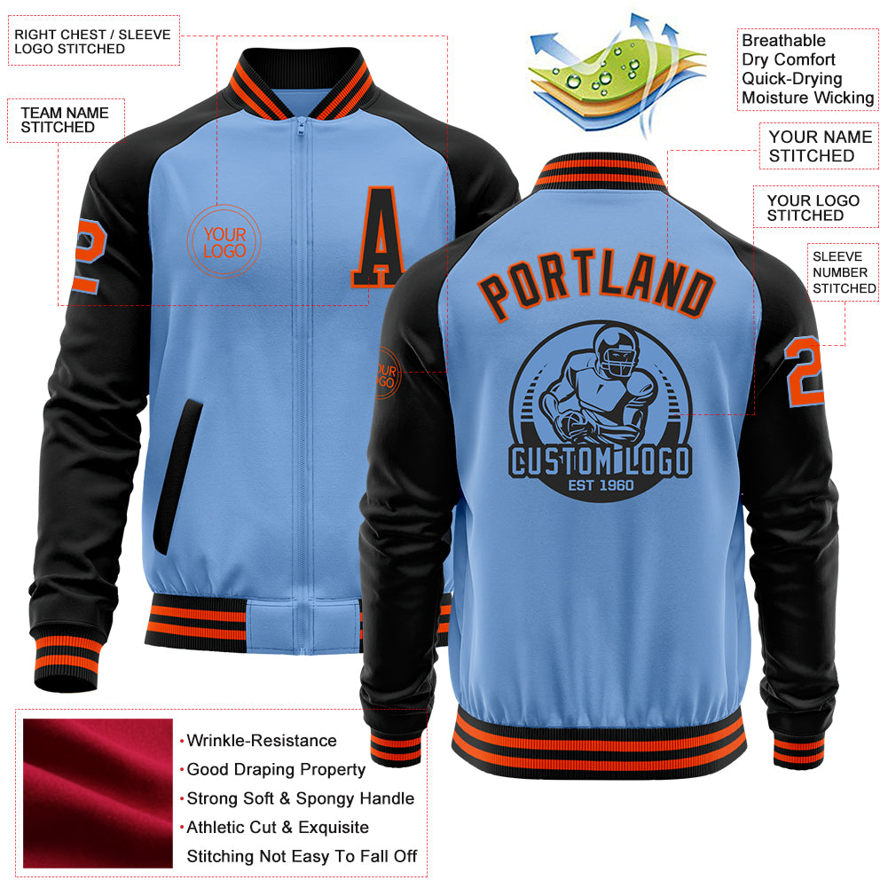 Custom Light Blue Orange-Black Bomber Varsity Letterman Two Tone Zipper Jacket