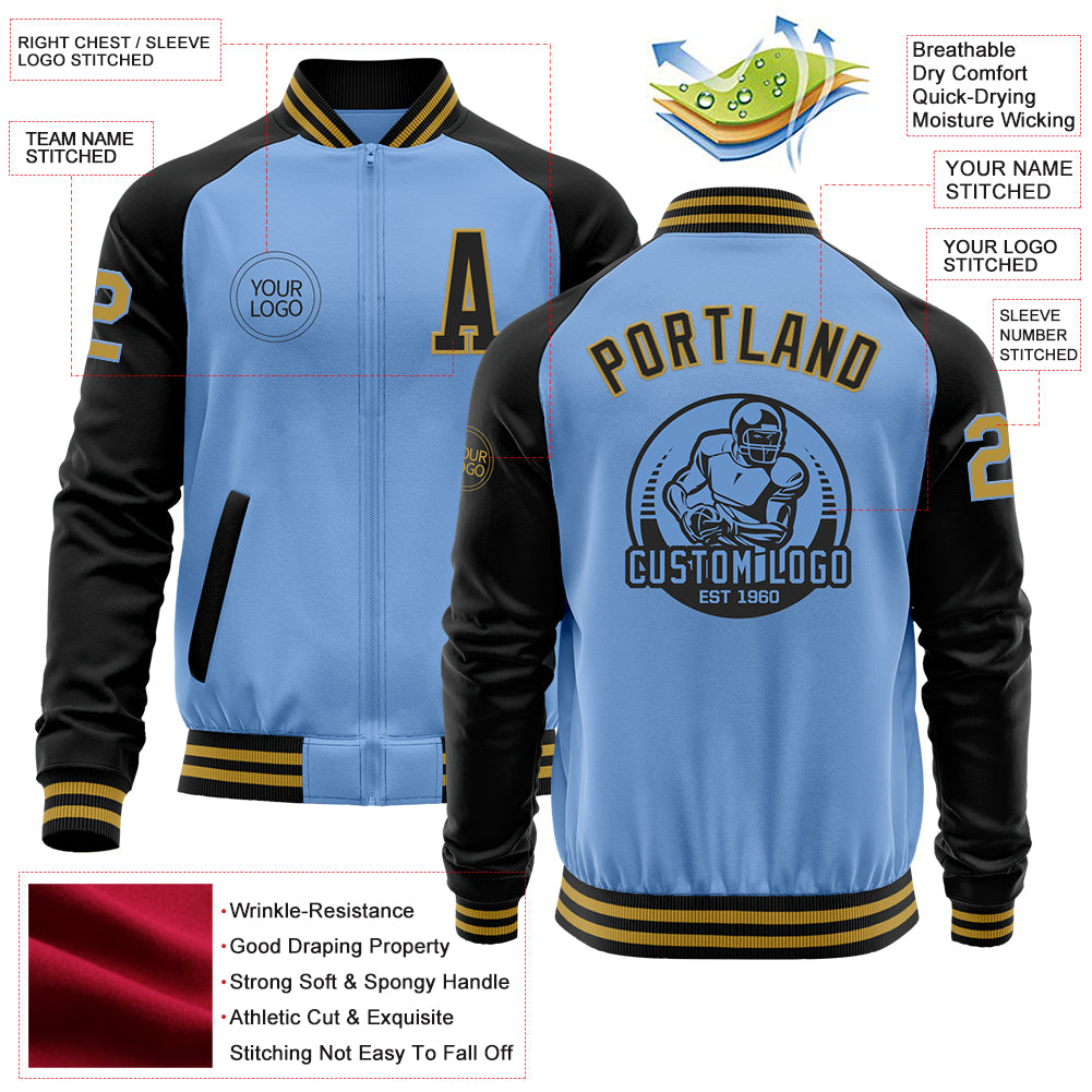 Custom Light Blue Old Gold-Black Bomber Varsity Letterman Two Tone Zipper Jacket