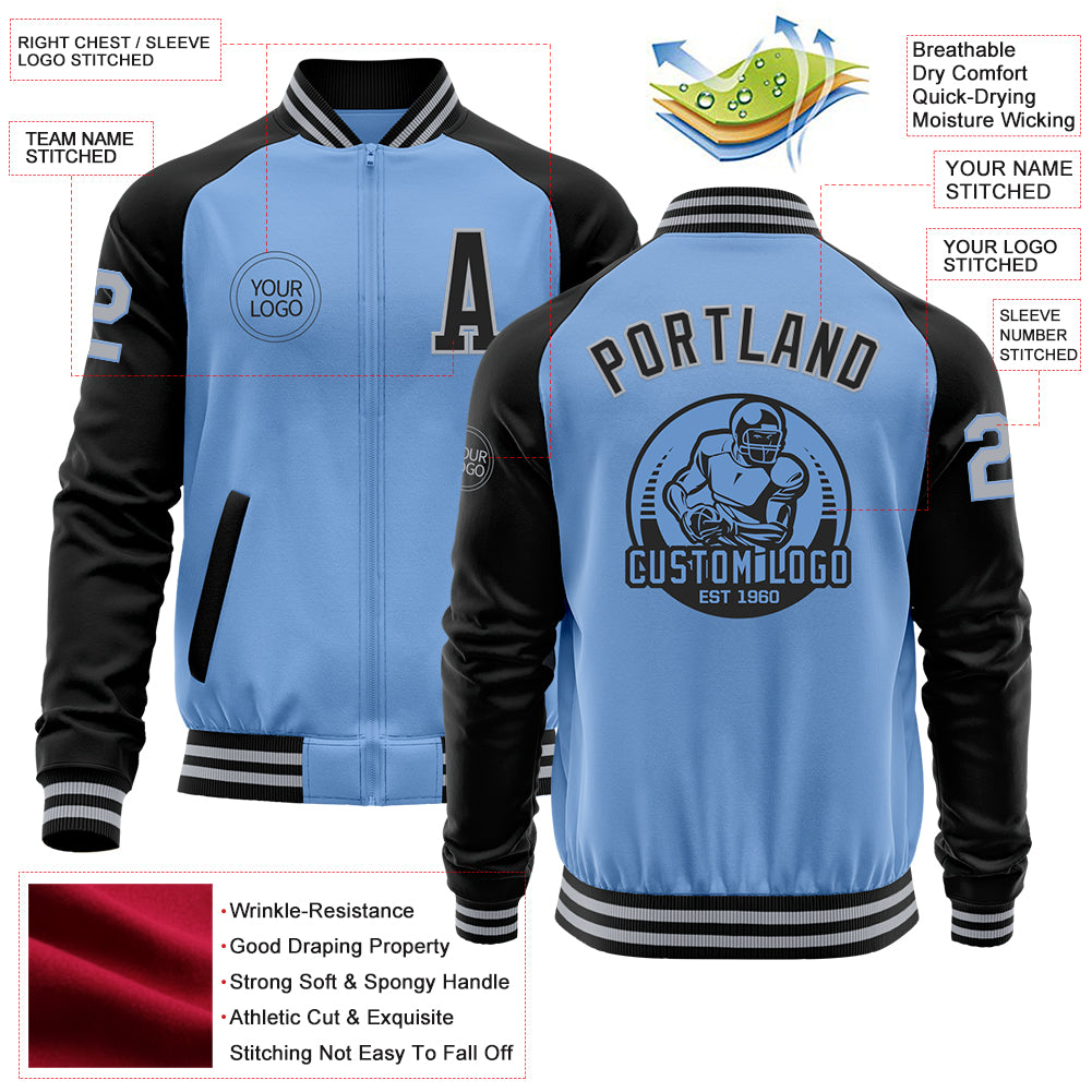 Custom Light Blue Gray-Black Bomber Varsity Letterman Two Tone Zipper Jacket