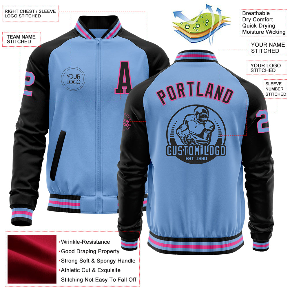 Custom Light Blue Pink-Black Bomber Varsity Letterman Two Tone Zipper Jacket