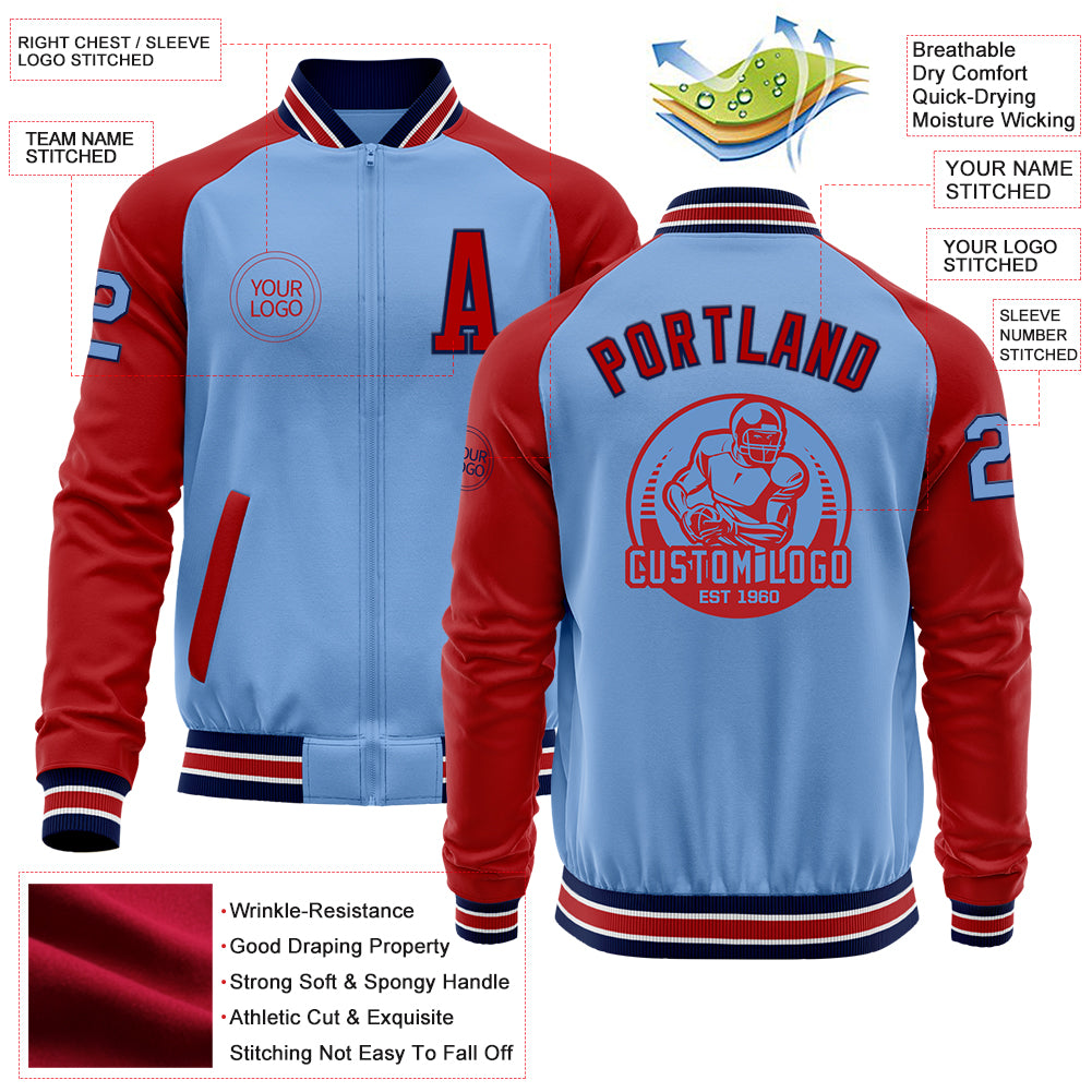 Custom Light Blue Navy-Red Bomber Varsity Letterman Two Tone Zipper Jacket