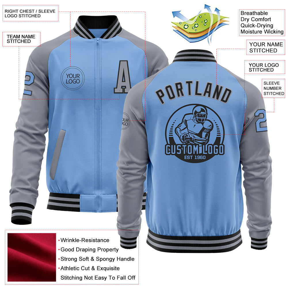 Custom Light Blue Black-Gray Bomber Varsity Letterman Two Tone Zipper Jacket