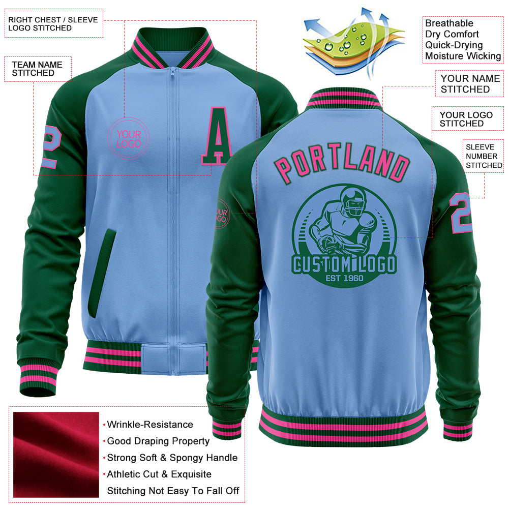 Custom Light Blue Pink-Kelly Green Bomber Varsity Letterman Two Tone Zipper Jacket