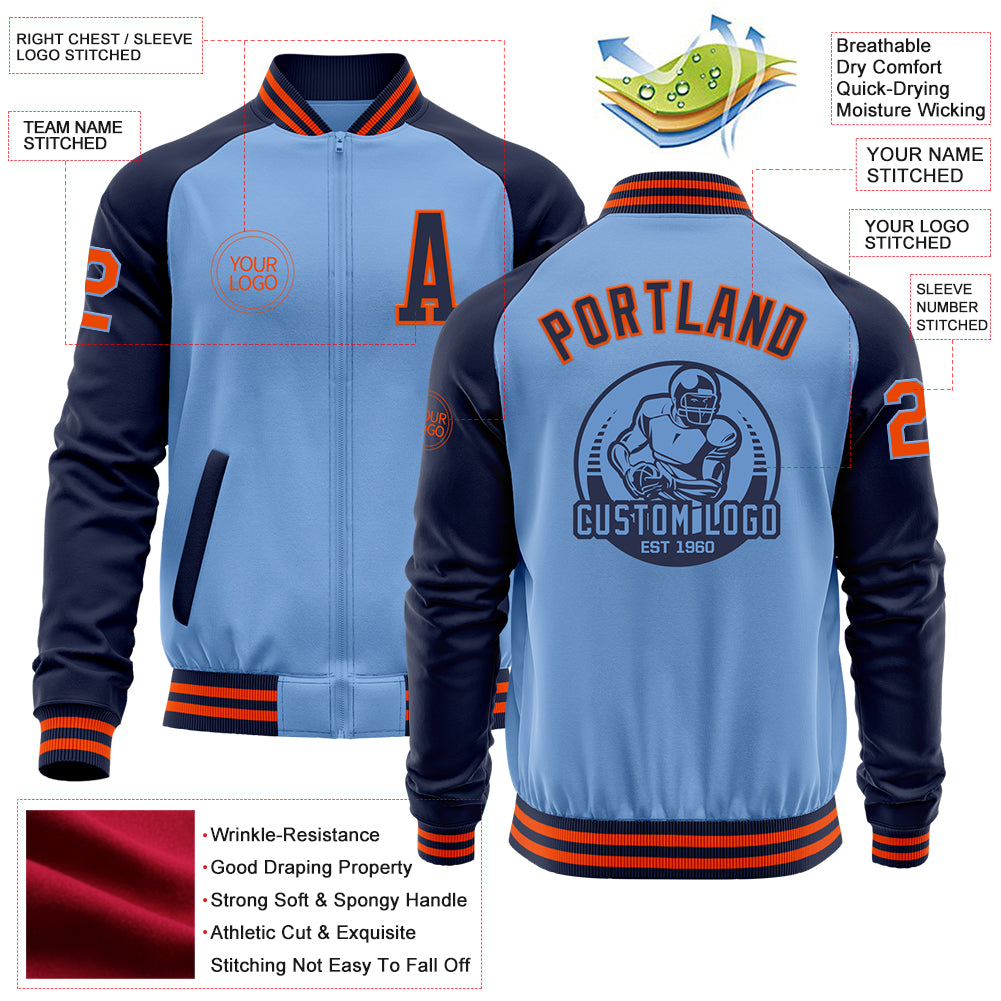 Custom Light Blue Orange-Navy Bomber Varsity Letterman Two Tone Zipper Jacket