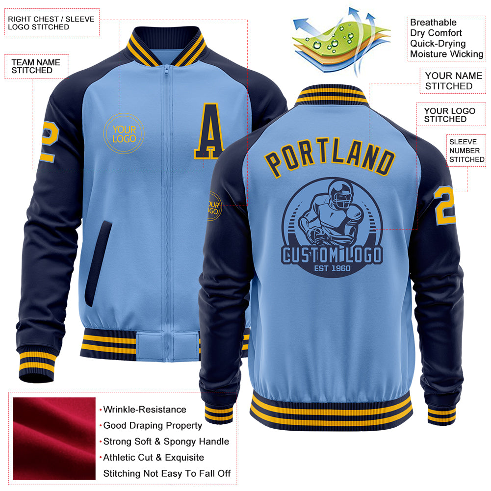 Custom Light Blue Gold-Navy Bomber Varsity Letterman Two Tone Zipper Jacket