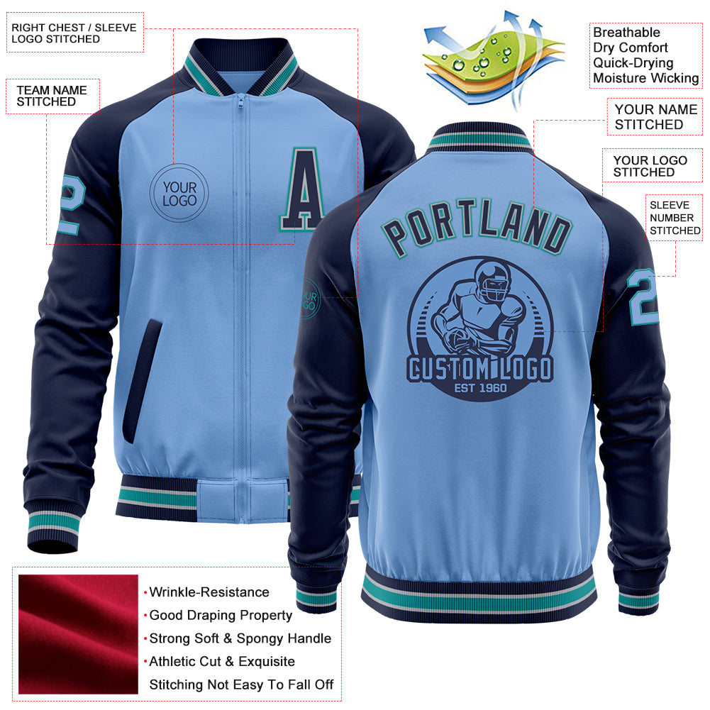 Custom Light Blue Teal Navy-Gray Bomber Varsity Letterman Two Tone Zipper Jacket