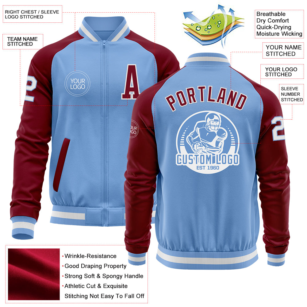 Custom Light Blue White-Crimson Bomber Varsity Letterman Two Tone Zipper Jacket