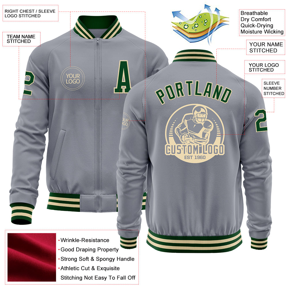 Custom Gray Green-Cream Bomber Varsity Letterman Zipper Jacket