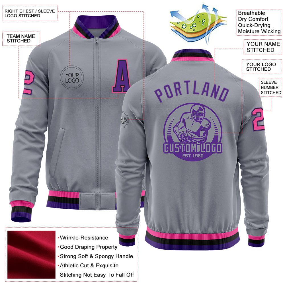 Custom Gray Pink Black-Purple Bomber Varsity Letterman Zipper Jacket