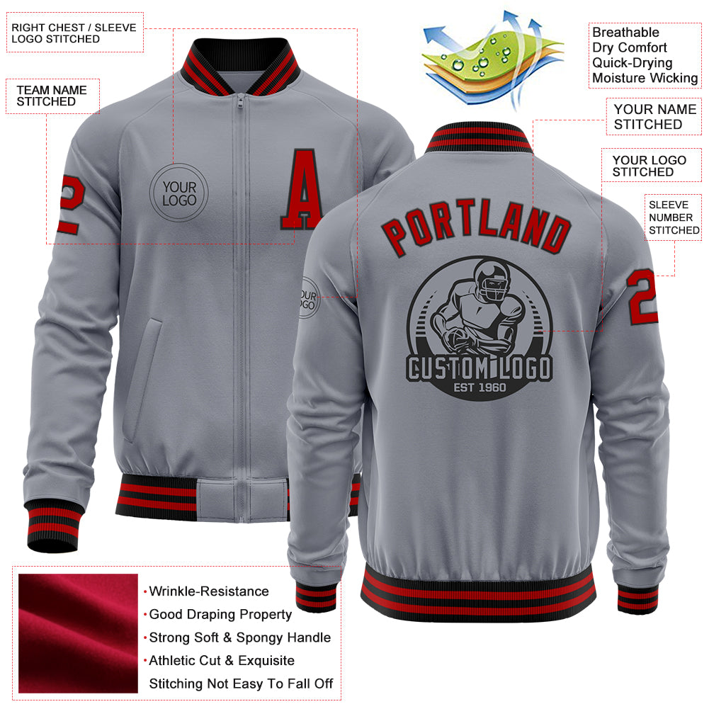 Custom Gray Red-Black Bomber Varsity Letterman Zipper Jacket