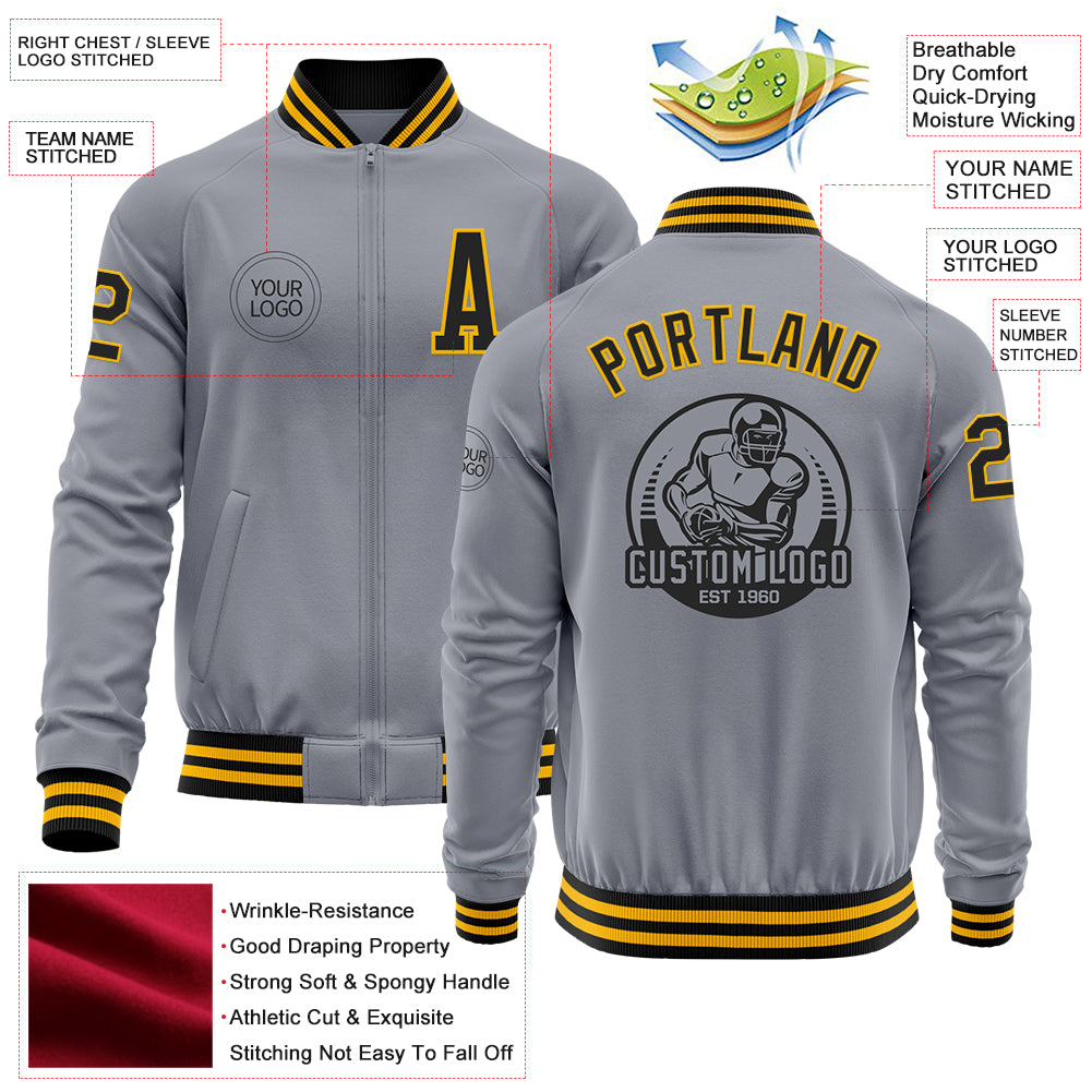 Custom Gray Black-Gold Bomber Varsity Letterman Zipper Jacket