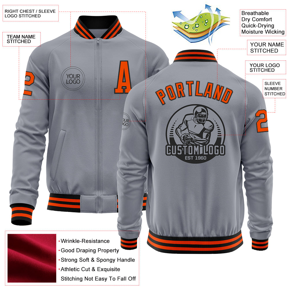 Custom Gray Orange-Black Bomber Varsity Letterman Zipper Jacket