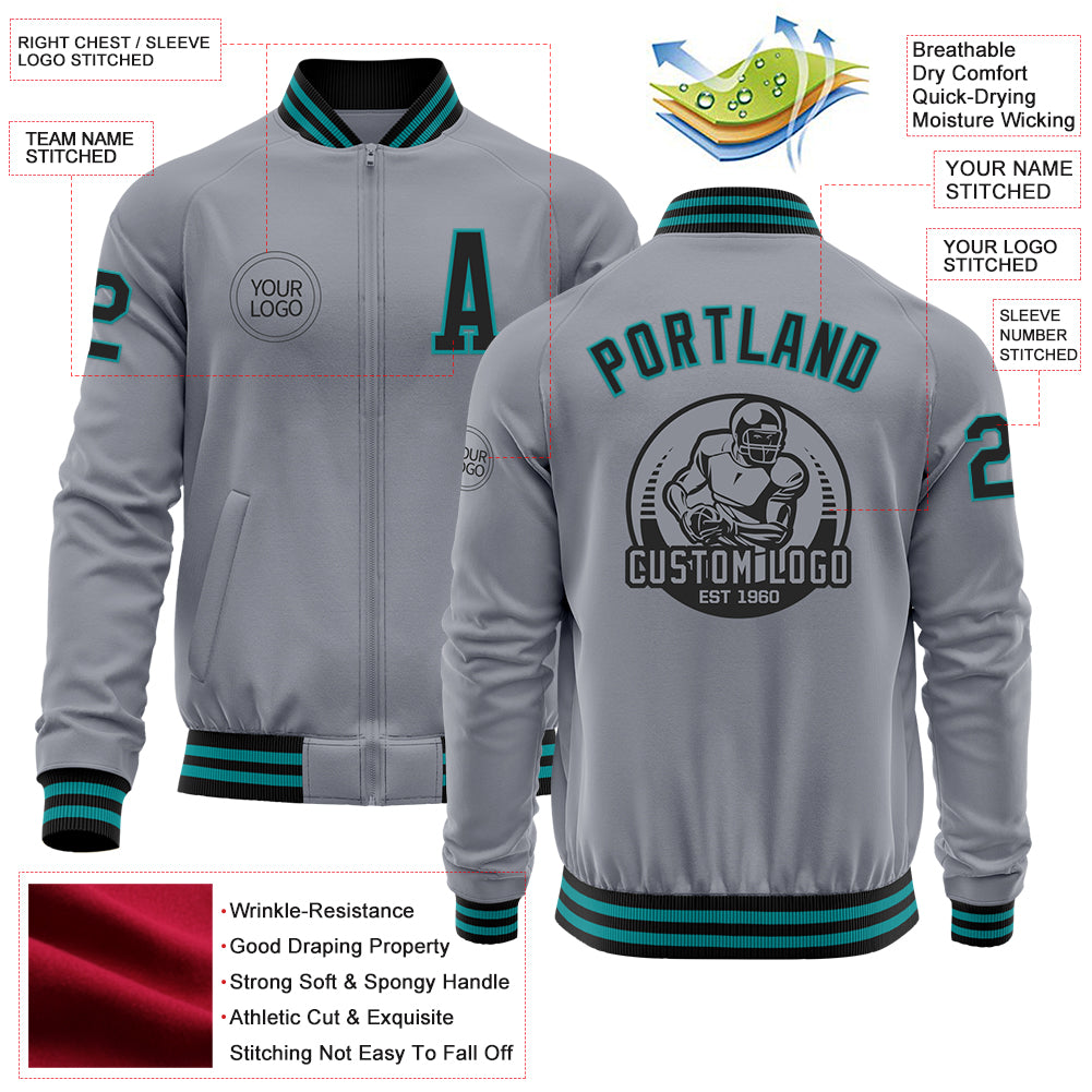 Custom Gray Black-Teal Bomber Varsity Letterman Zipper Jacket